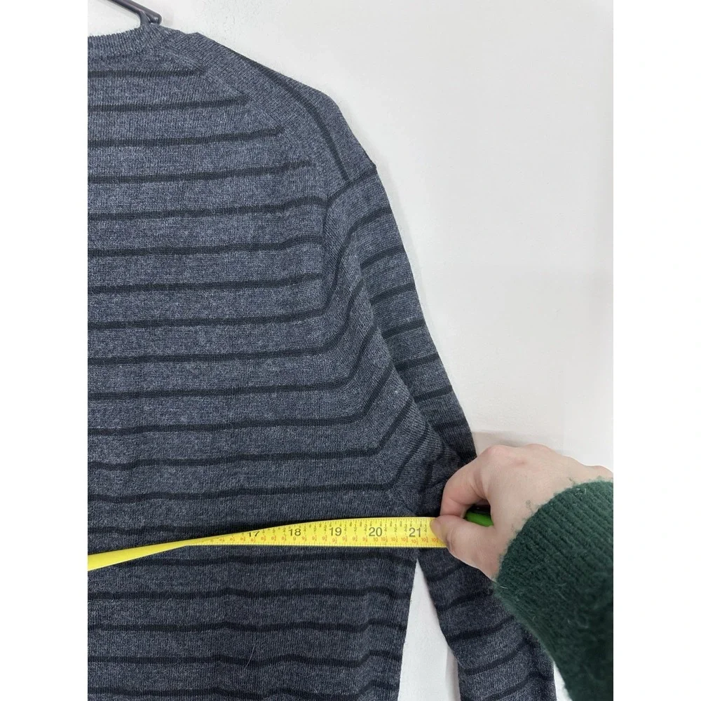 J.Crew 100% Merino Wool V-Neck Pullover Sweater‎ Gray Brown Striped Mens MEDIUM